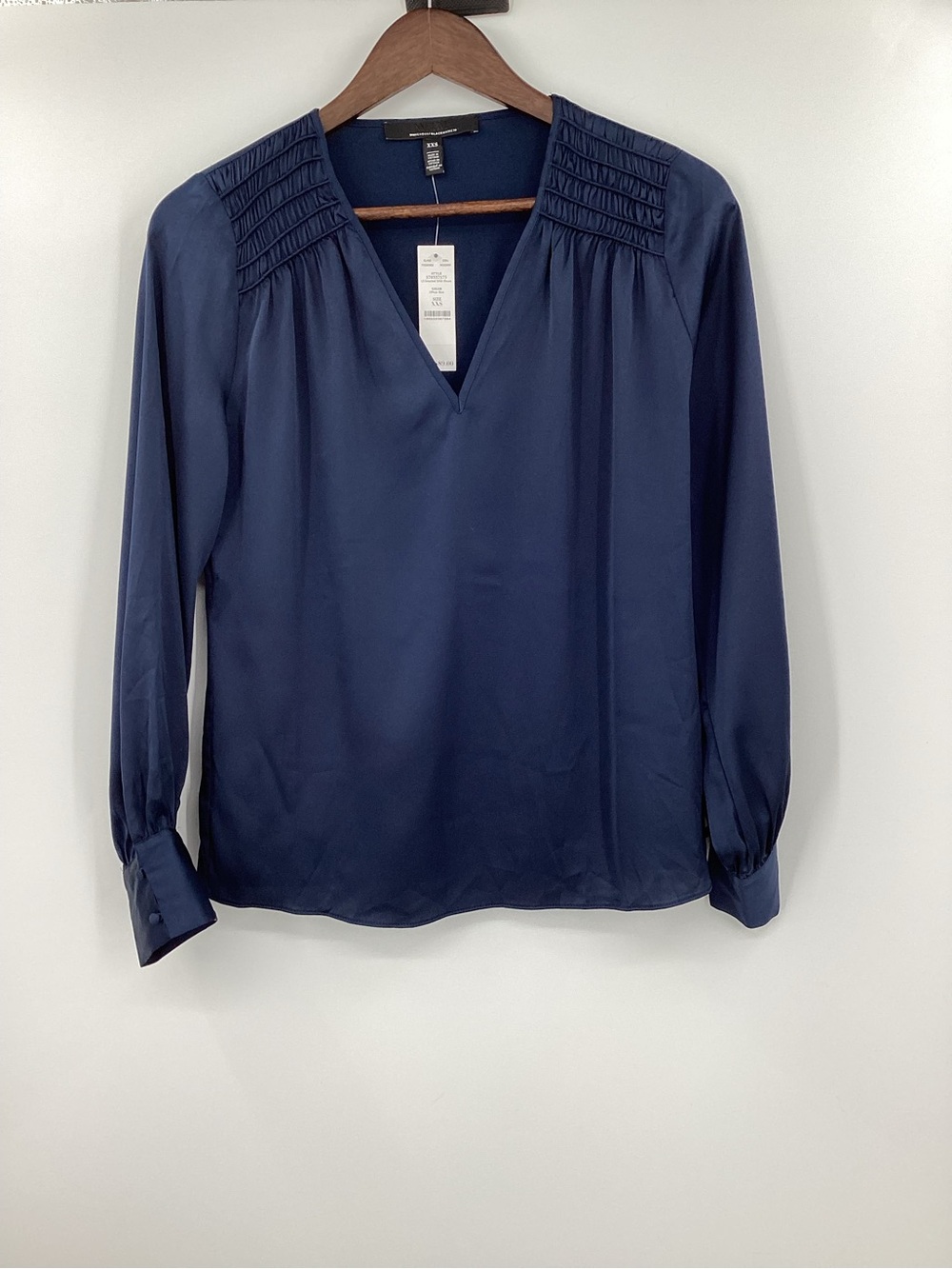 Banana Republic Deep Navy V-Neck Smoked Shoulder Satin Blouse